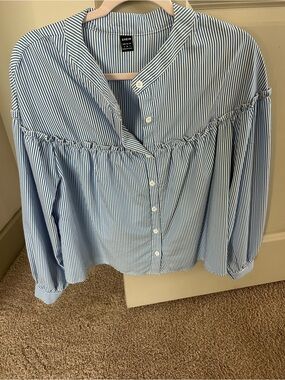 SHEIN Blue and White Pinstripe Ruffle Yoke Button-Down Top